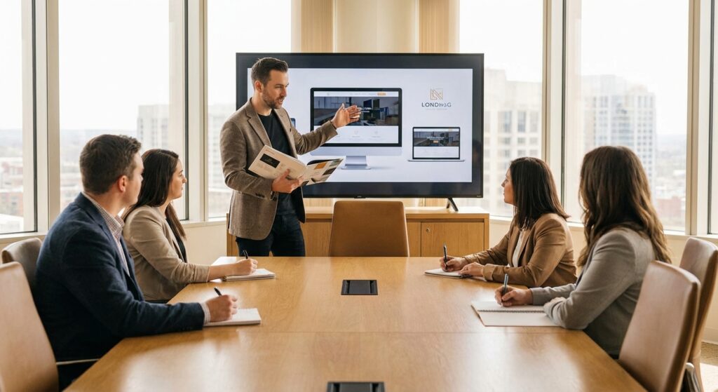 Présentation de la charte graphique au client avec brand book imprimé et maquettes sur écran