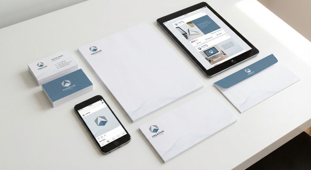 Supports de communication respectant la charte graphique : cartes de visite, papeterie et templates réseaux sociaux