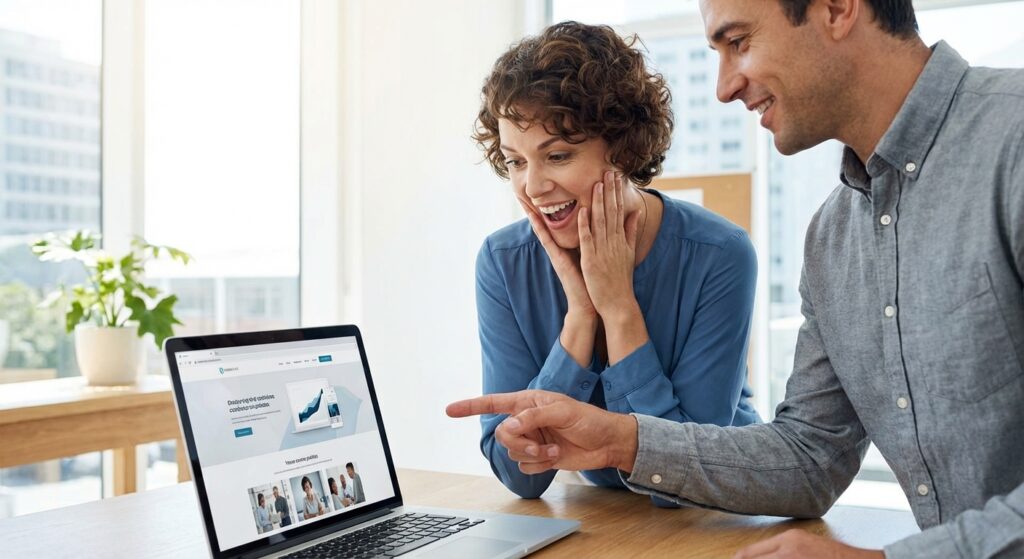 Client découvrant le design de son nouveau site professionnel