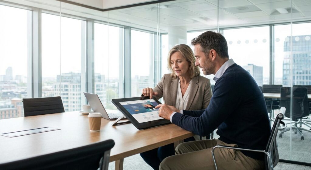 Client et designer web révisant une maquette de site internet ensemble