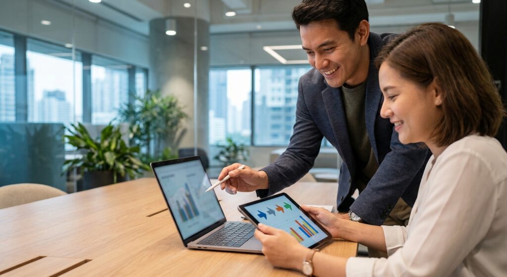 Client satisfait consultant les résultats SEO avec un expert Rankit