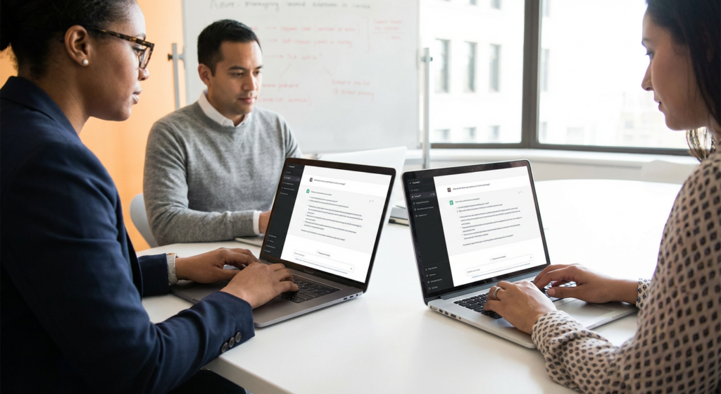 Participants à une formation IA travaillant sur des exercices pratiques avec des laptops