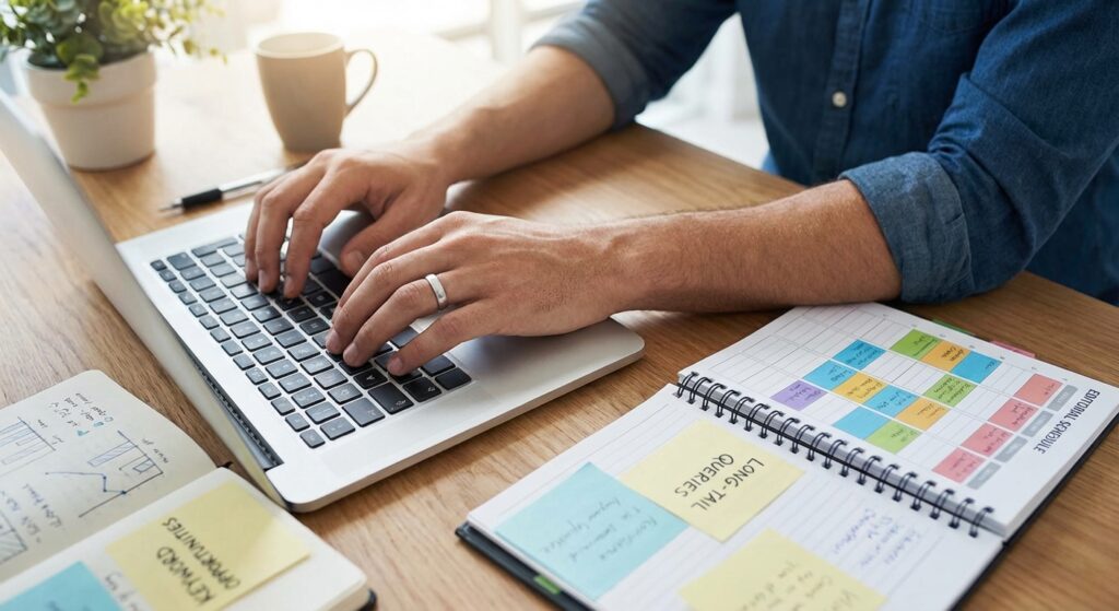 Stratégiste de contenu réalisant une recherche sémantique et un calendrier éditorial