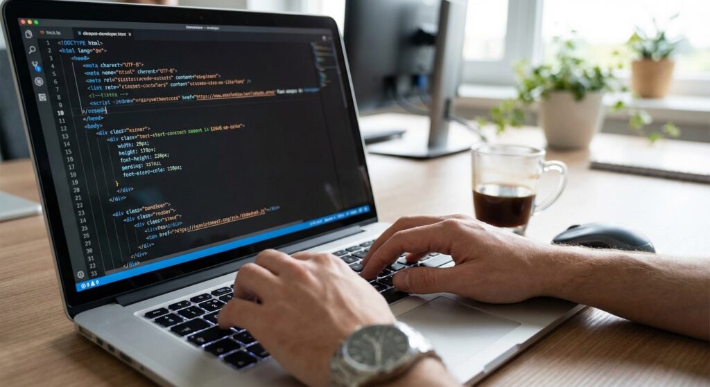 Developpeur codant un site internet responsive sur laptop