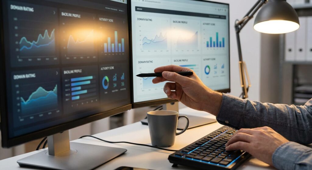 Analyste SEO evaluant les metriques de backlinks sur double ecran