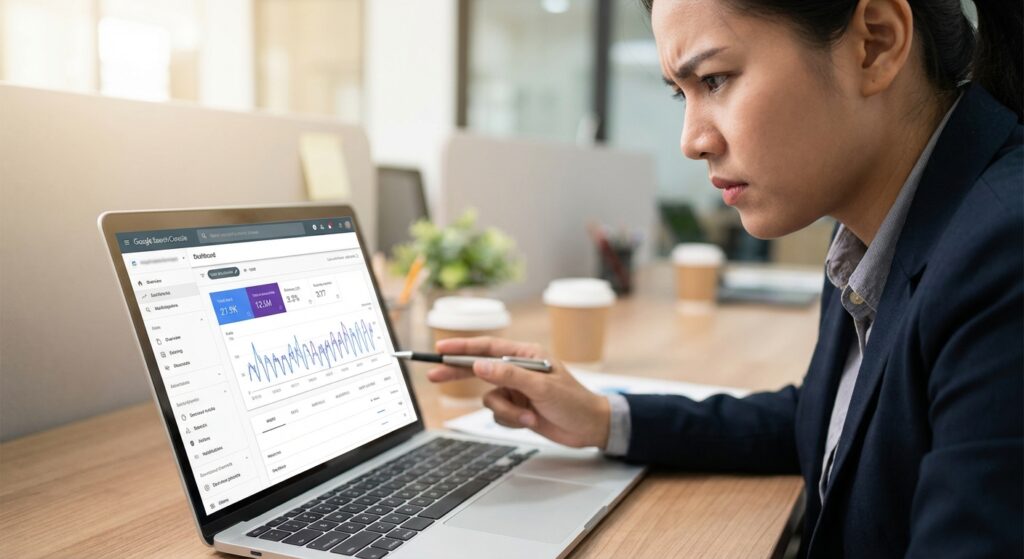 Expert marketing analysant les donnees Google Search Console sur un ordinateur portable