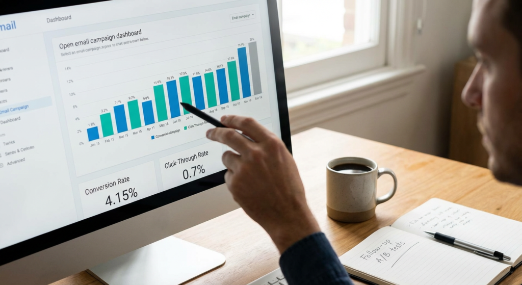 Professionnel marketing analysant les métriques de conversion des campagnes email