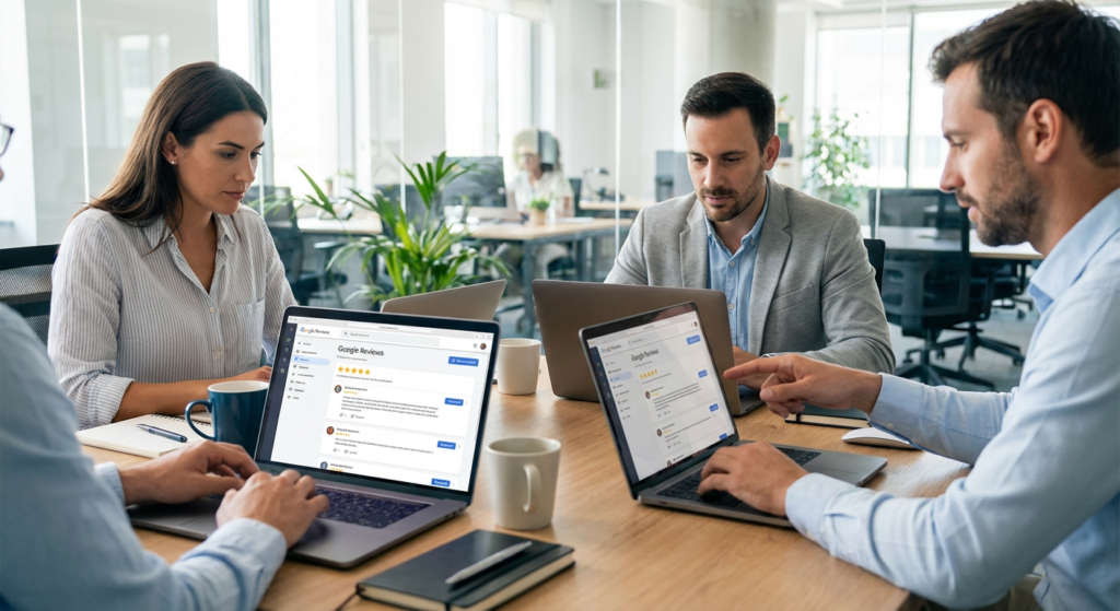 Équipe de gestion d'e-réputation travaillant sur la veille et les réponses aux avis