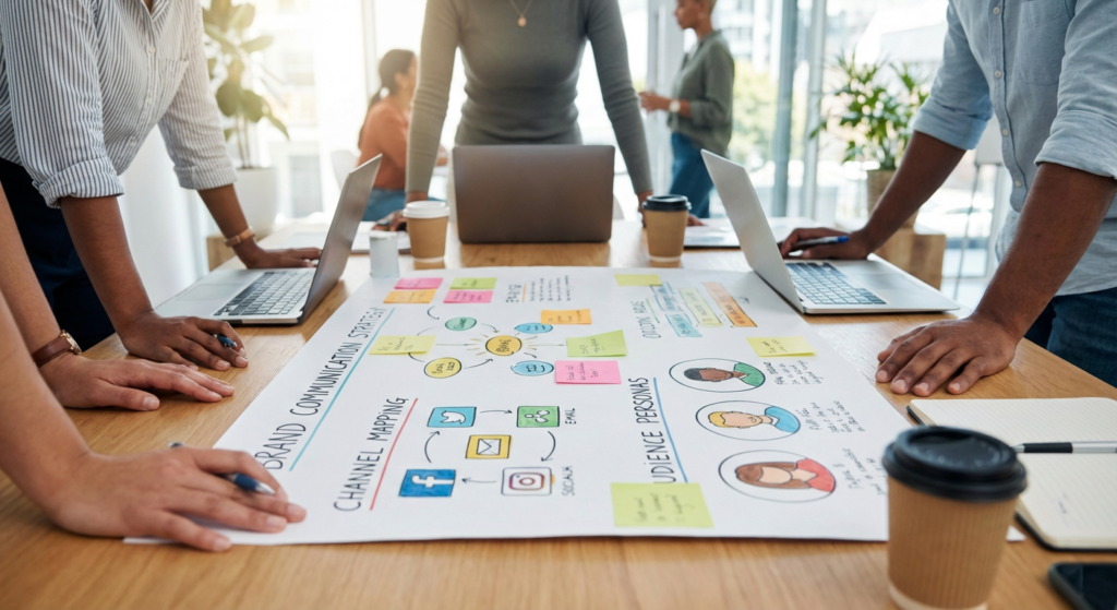 Équipe marketing révisant le document de stratégie de communication avec personas et canaux