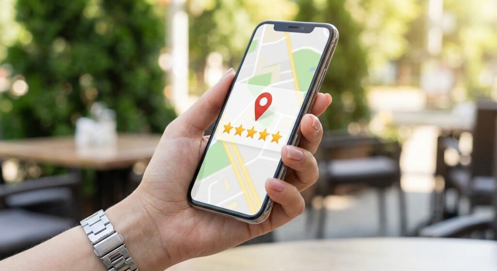 Smartphone affichant fiche Google Maps avec avis cinq etoiles et localisation