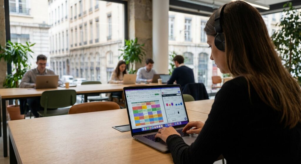 Community manager freelance travaillant sur un calendrier editorial social media a Lyon