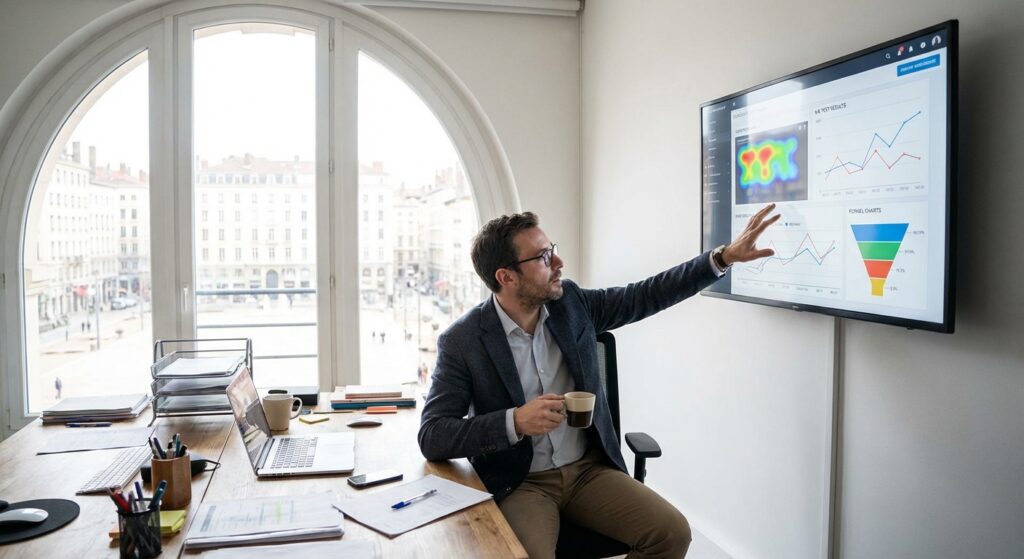 consultant designe heatmap et entonnoir grand ecran face fenetre Lyon Presquile, audit SEO sur mesure Rhône