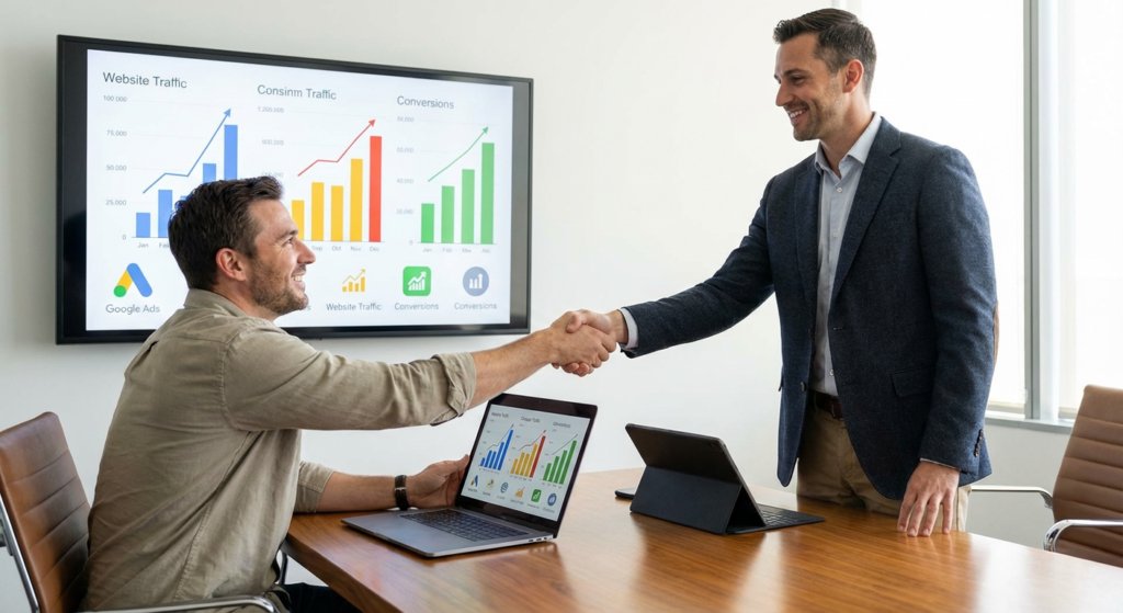 Présentation des résultats Google Ads par un consultant Rankit