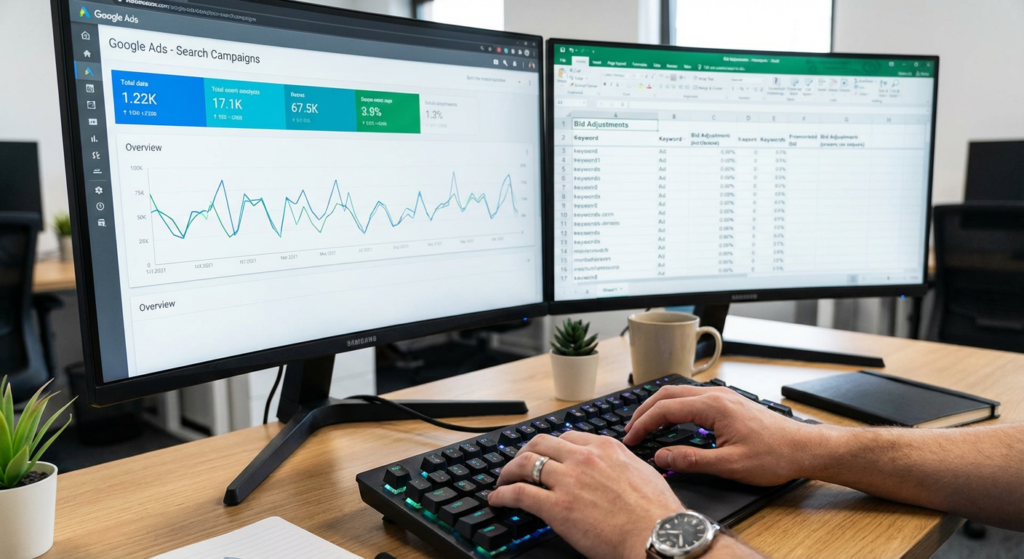 Spécialiste Google Ads optimisant les enchères et campagnes Search