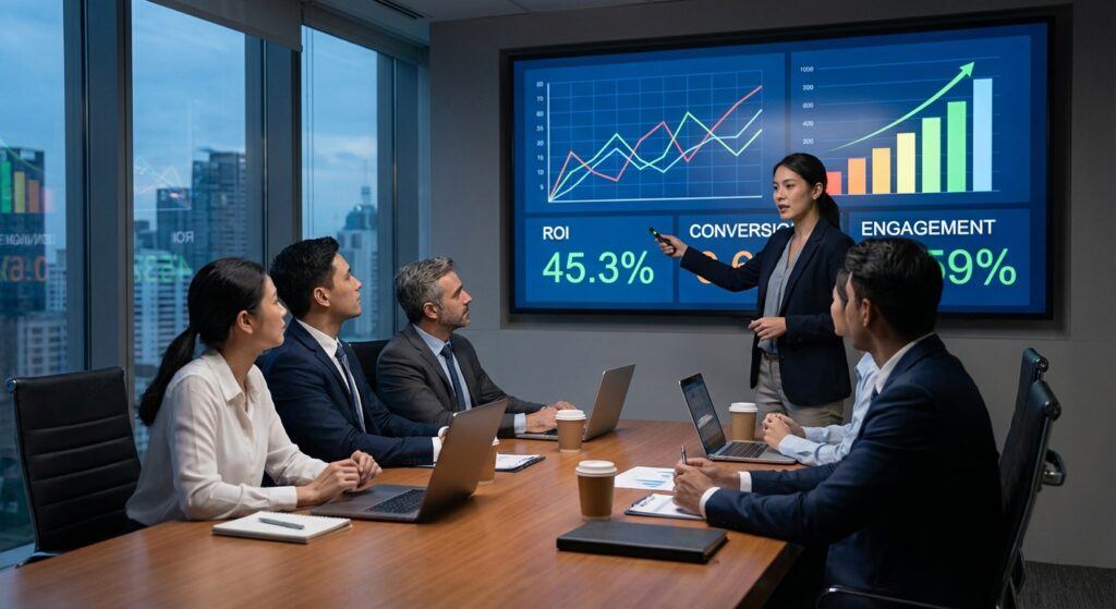 Équipe analysant les résultats de campagnes marketing digitales avec consultant