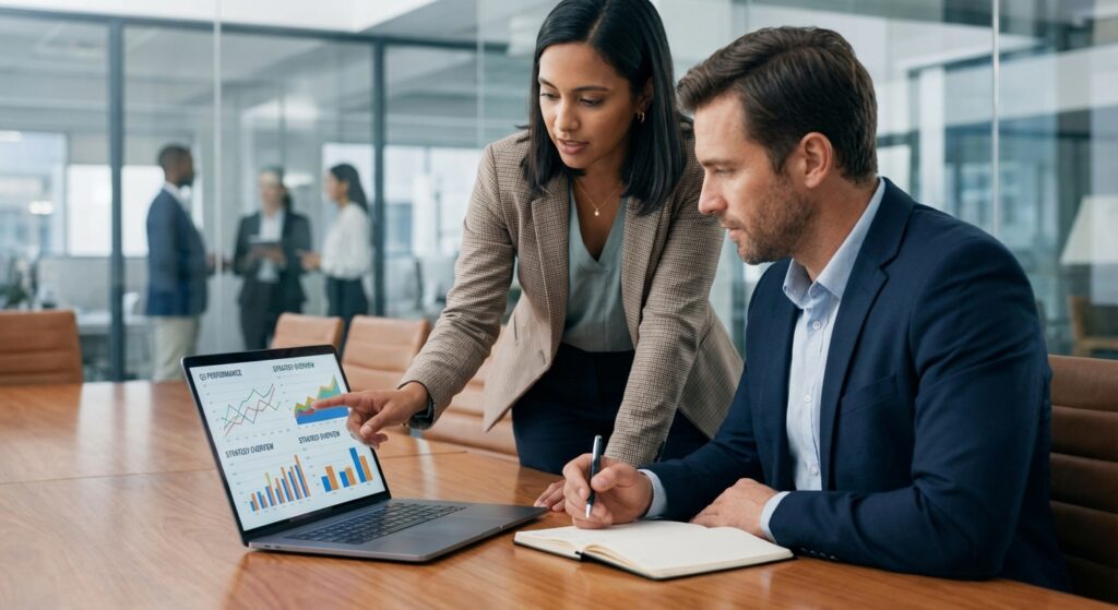 Consultant marketing digital présentant une stratégie à un client en réunion