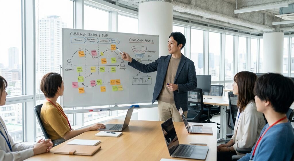 Consultant marketing digital analysant un tunnel de conversion et parcours client