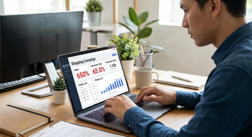 Consultant optimisant les campagnes Google Ads Shopping dans Google Merchant Center