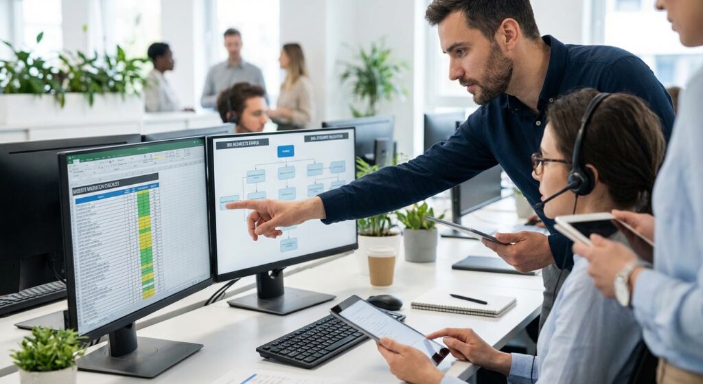 Consultant pointant un workflow de migration sur double écran et audit Excel — audit SEO sur mesure Rhône.