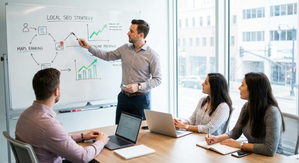Consultant présentant une stratégie de référencement local sur tableau blanc