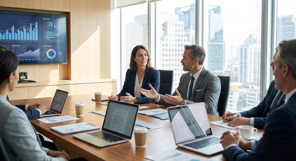 Consultant relations presse en réunion stratégie médias avec un client