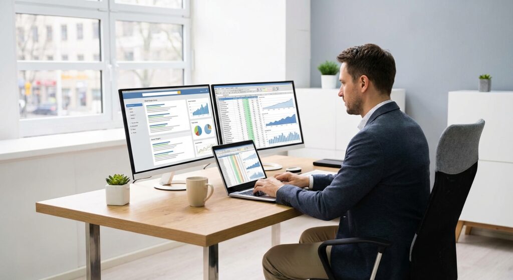 Consultant SEO analysant le référencement d'un site internet sur écran