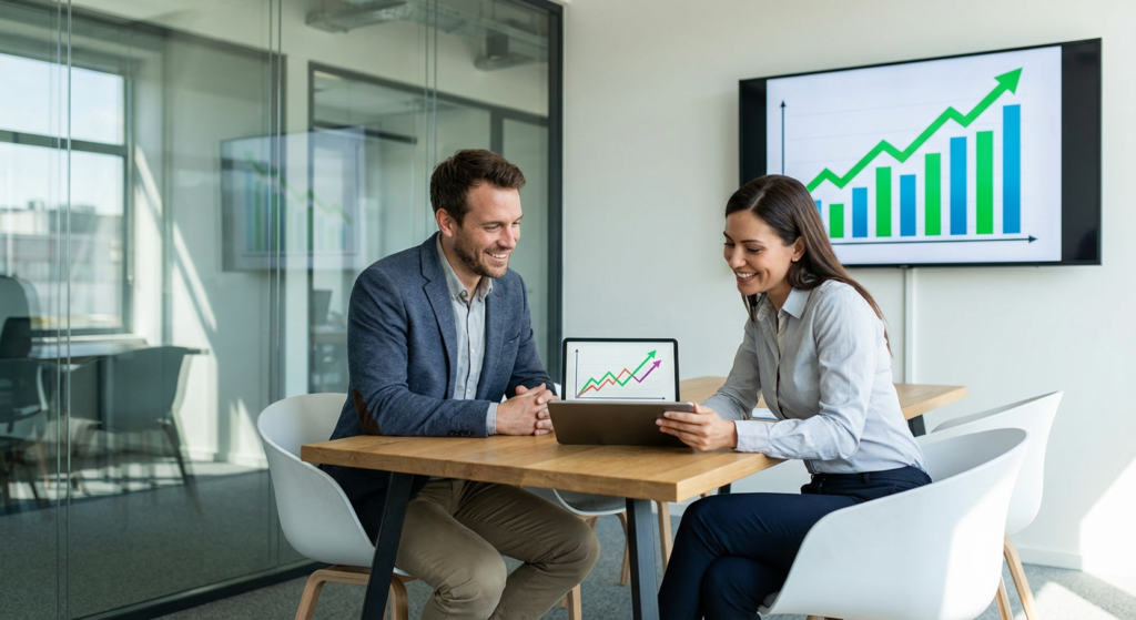 Consultant SEO et client satisfait examinant les résultats d'une stratégie de cocon sémantique