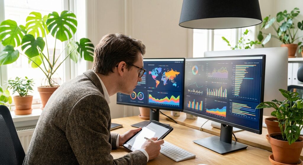 Consultant SEO a Paris examinant les donnees analytiques