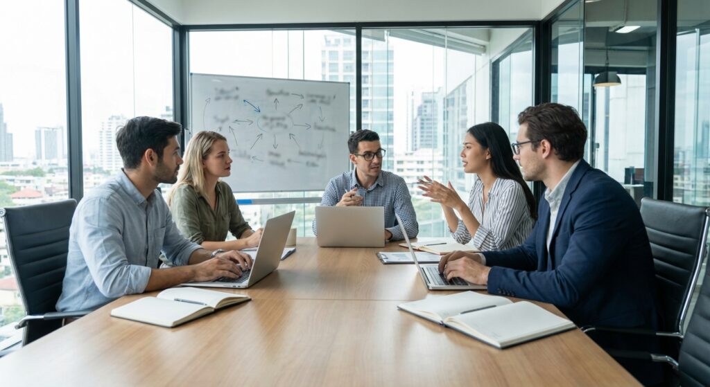 Équipe de consultants SEO planifiant une stratégie de référencement