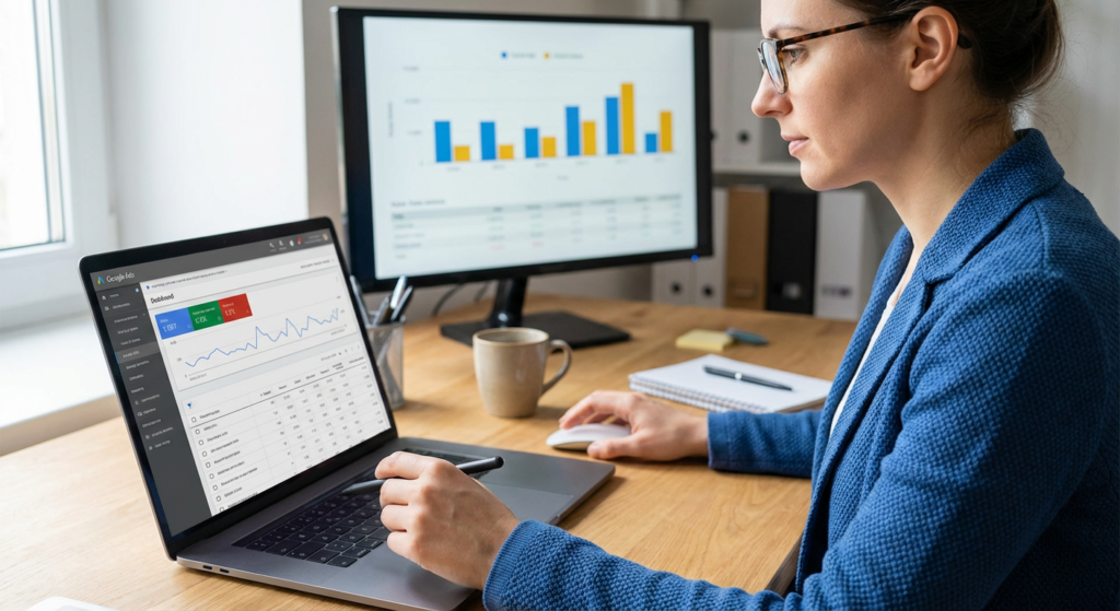 Consultante SEO analyse tableau de bord Google Ads sur laptop, illustrant audit SEO Rankit à Lyon