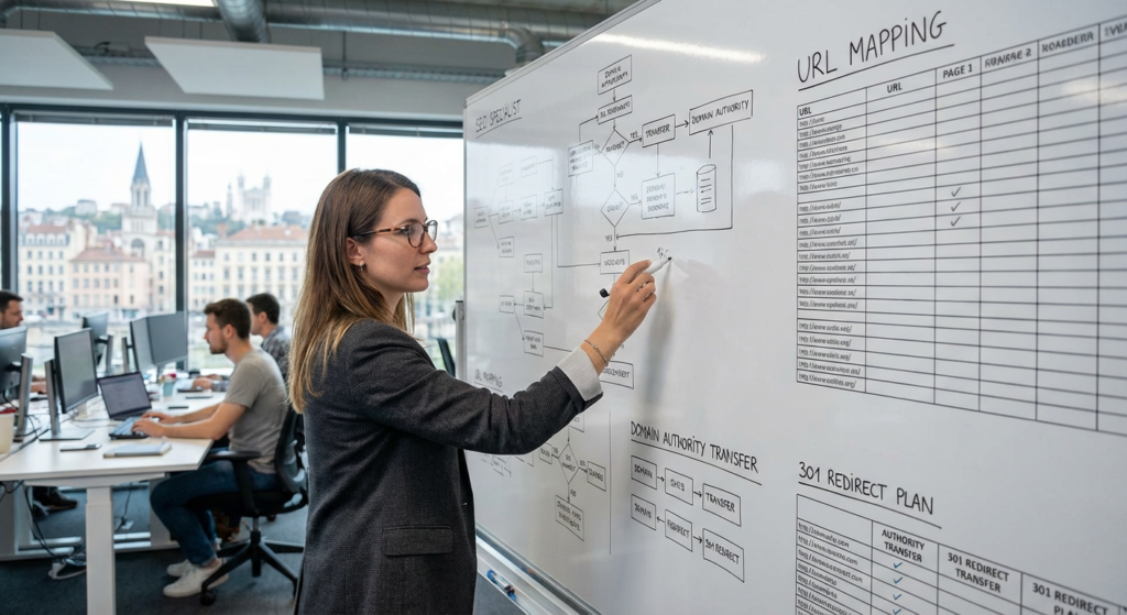 Consultante traçant un plan de redirections 301 sur tableau blanc, vue Fourvière — stratégie SEO Lyon AURA.