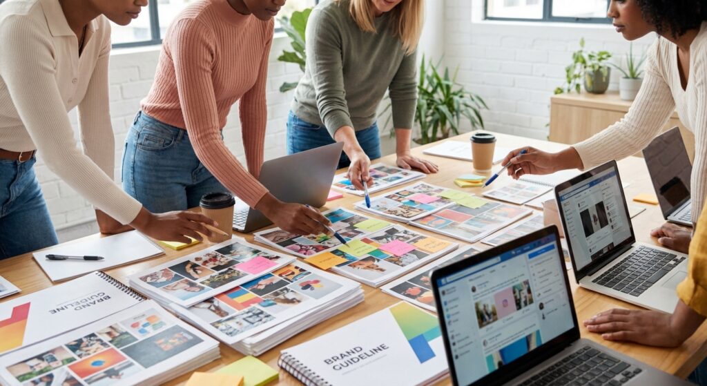 Equipe creative en brainstorming pour contenus reseaux sociaux