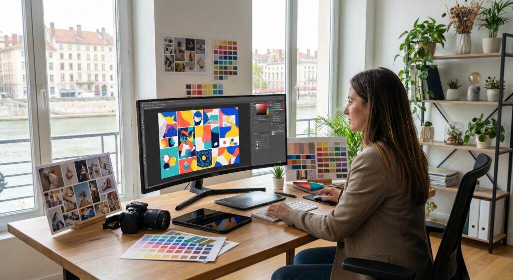 Creatrice de contenu social media travaillant sur des visuels Instagram a Lyon