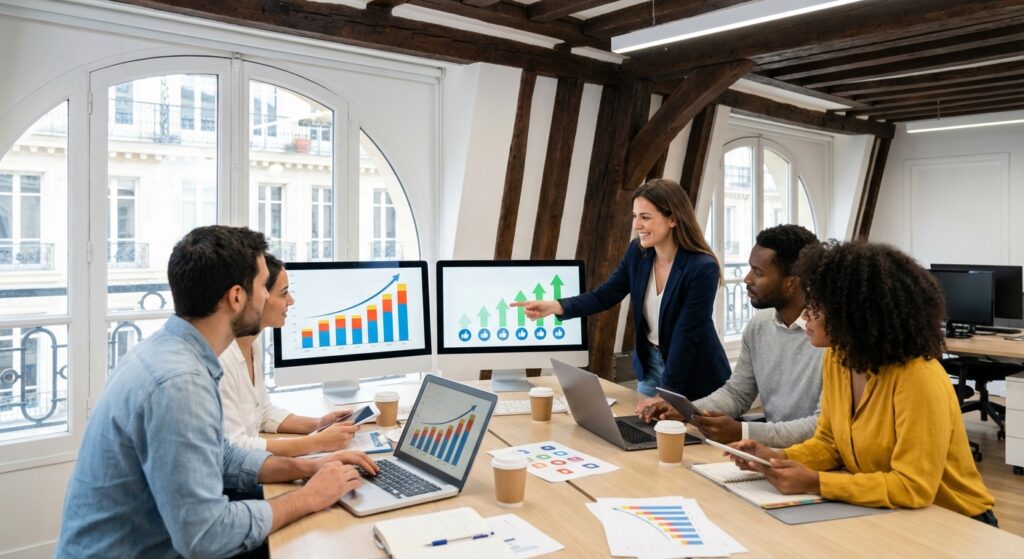 Equipe marketing analysant les performances du contenu social media