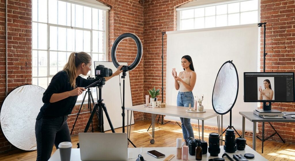 Photographe professionnel en studio creant du contenu pour les reseaux sociaux