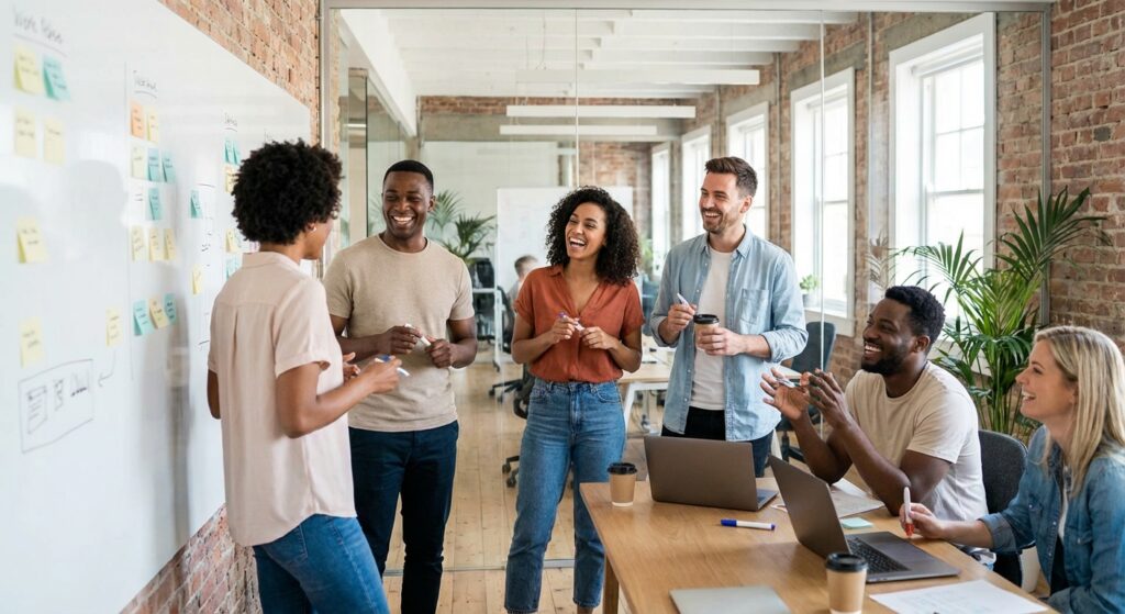 Équipe créative brainstormant des slogans et accroches publicitaires en agence
