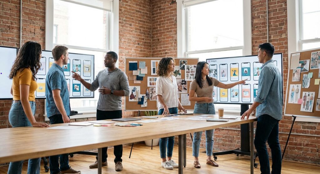 Equipe creative concevant une campagne publicitaire Instagram en agence