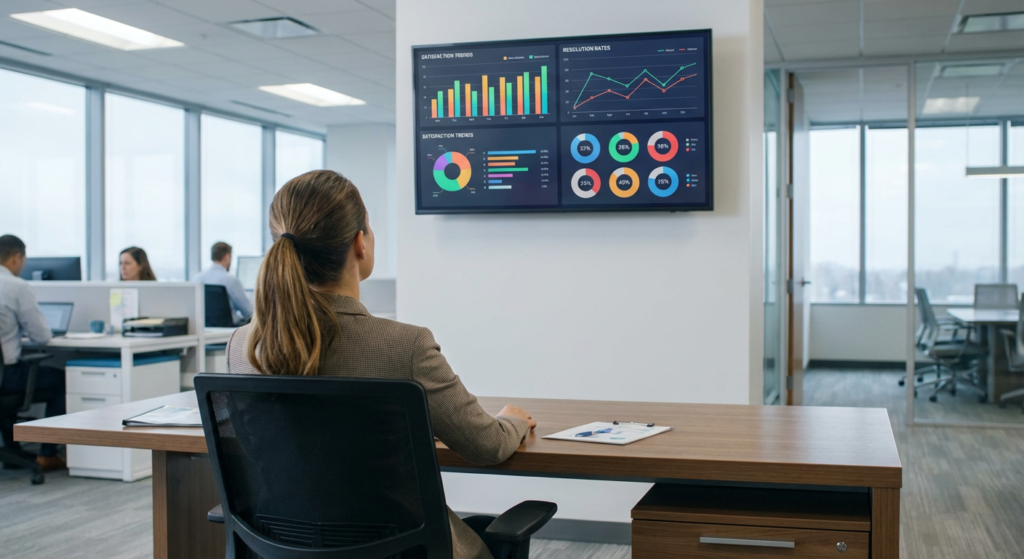 Tableau de bord de suivi des performances d’un chatbot IA avec métriques