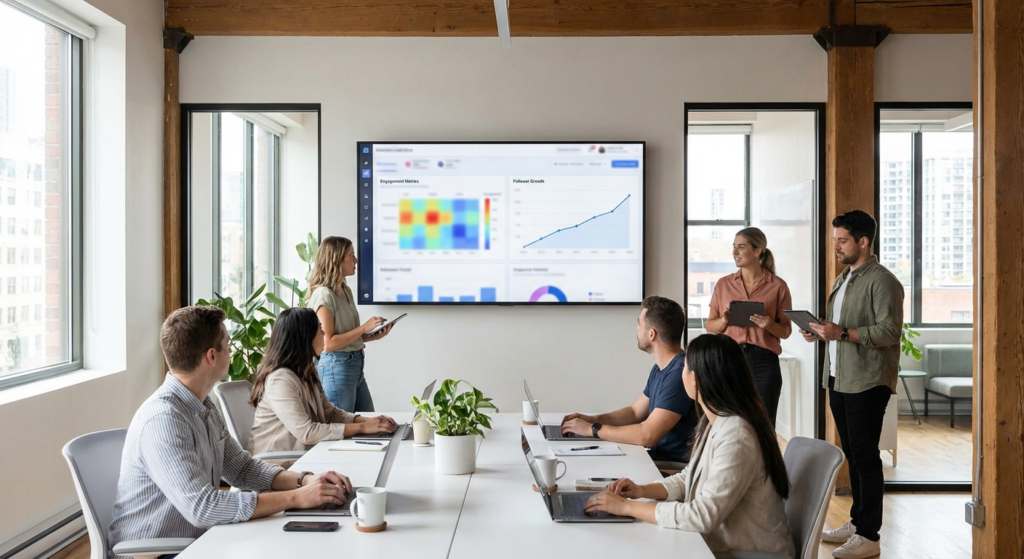 Dashboard analytics des réseaux sociaux avec indicateurs de performance