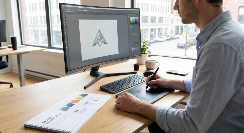 Designer créant un logo et une charte graphique pour une image de marque professionnelle