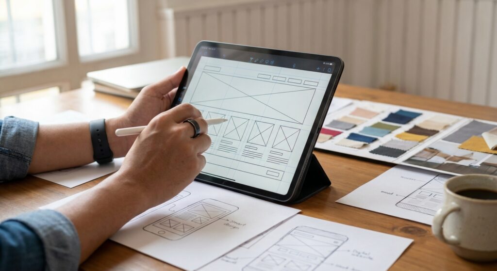 Designer travaillant sur le wireframe responsive d'un site internet professionnel
