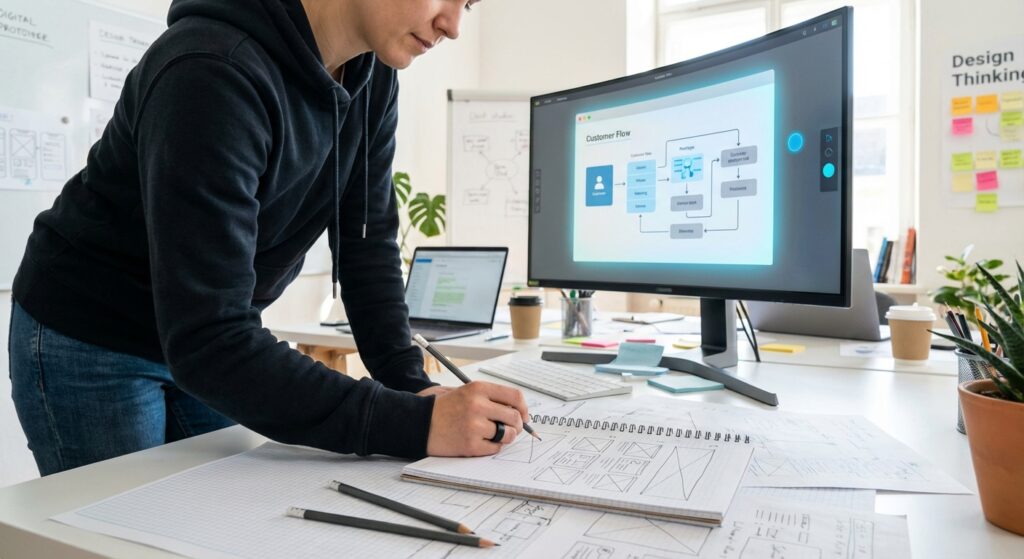 Designer UX dessinant des wireframes pour un site vitrine