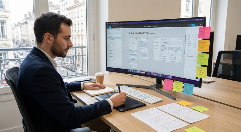 Designer UX UI travaillant sur des wireframes et prototypes dans un bureau moderne a Lyon