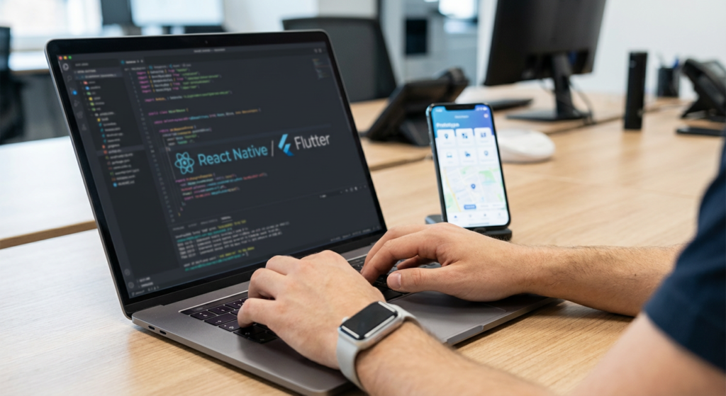 Développeur code React Native sur laptop avec smartphone, optimisation site WordPress Rankit Lyon