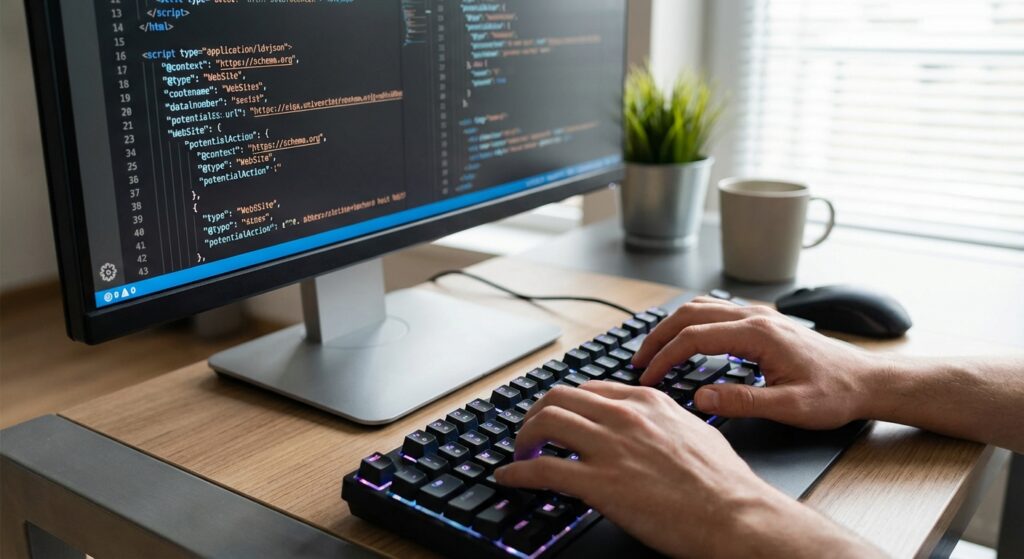 Développeur optimisant le code source pour le référencement technique
