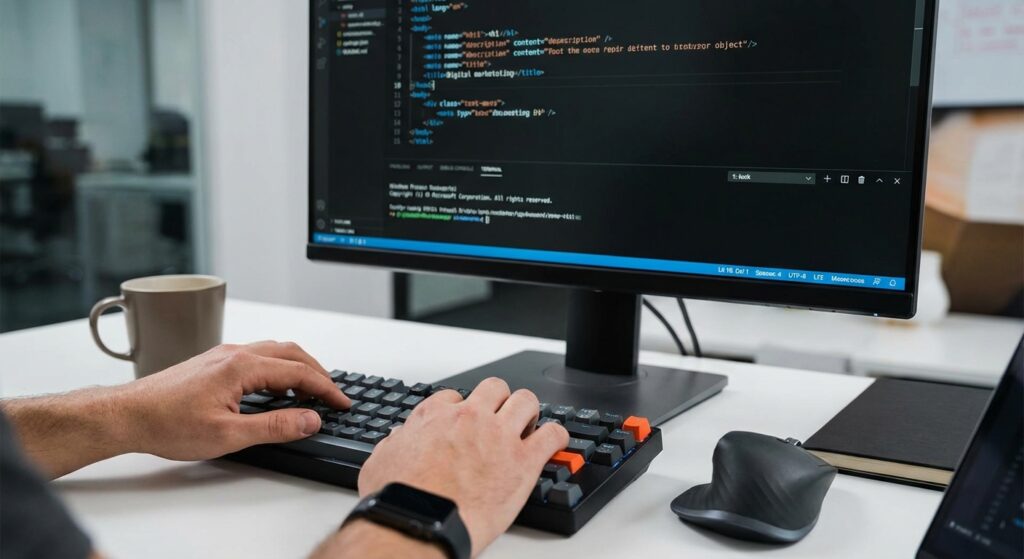 Developpeur tape du code dans l editeur traduisant l optimisation SEO WordPress menee par l agence Rankit a Lyon