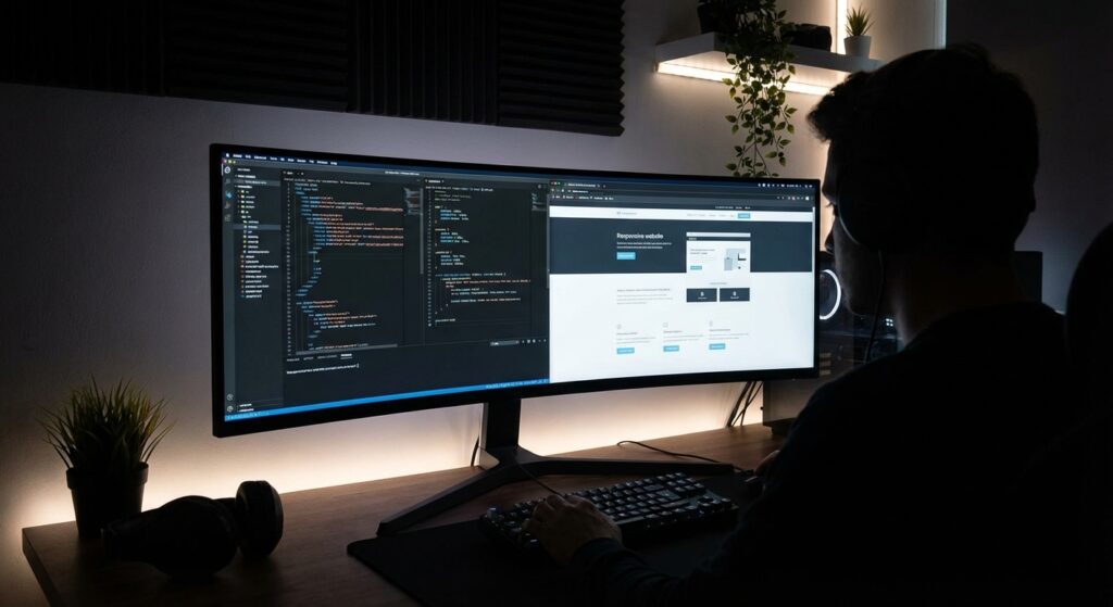 Développeur web codant un site responsive dans une agence web professionnelle