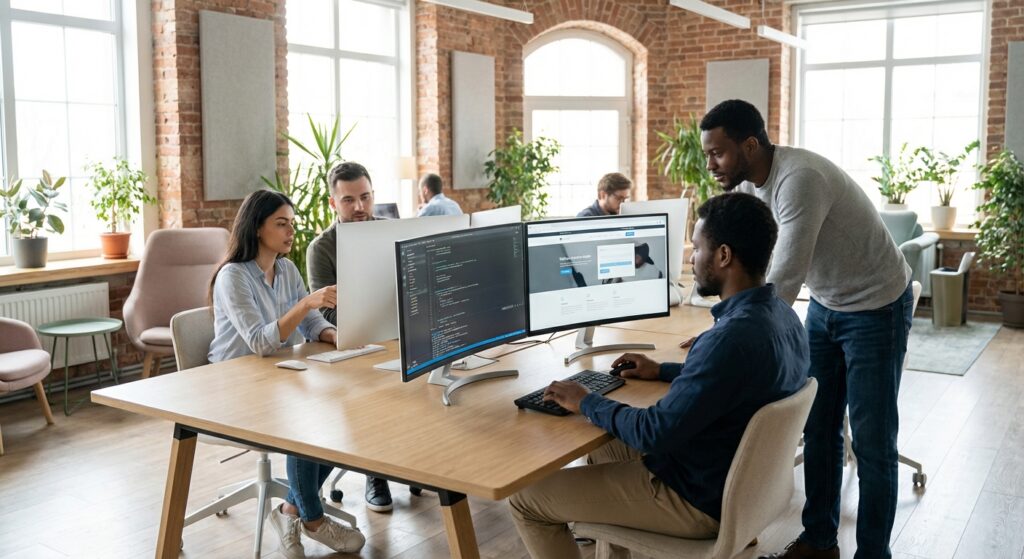 développeurs en pair programming dans loft brique, intégration SEO WordPress Rankit Métropole Lyon