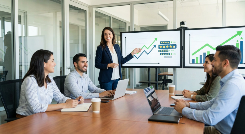 Consultant e-réputation présentant les résultats de la stratégie de veille à un client