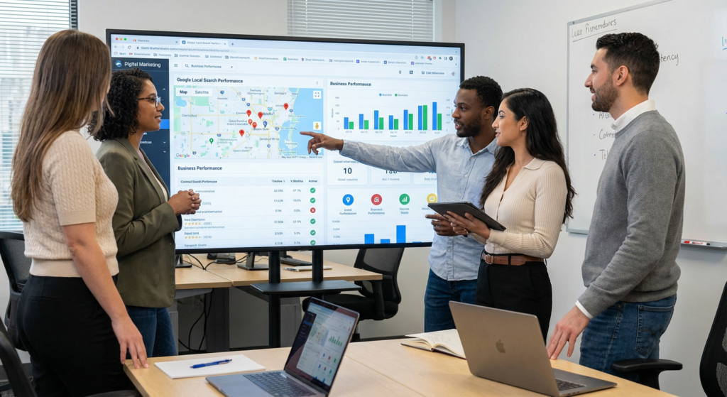 Equipe marketing digital analysant les performances Google Business Profile Lyon